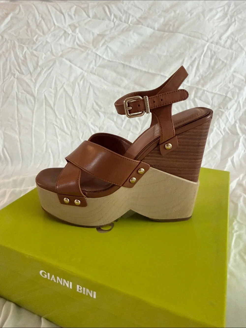 Gianni Bini Tan Leather Wood-Effect Platform Wedges